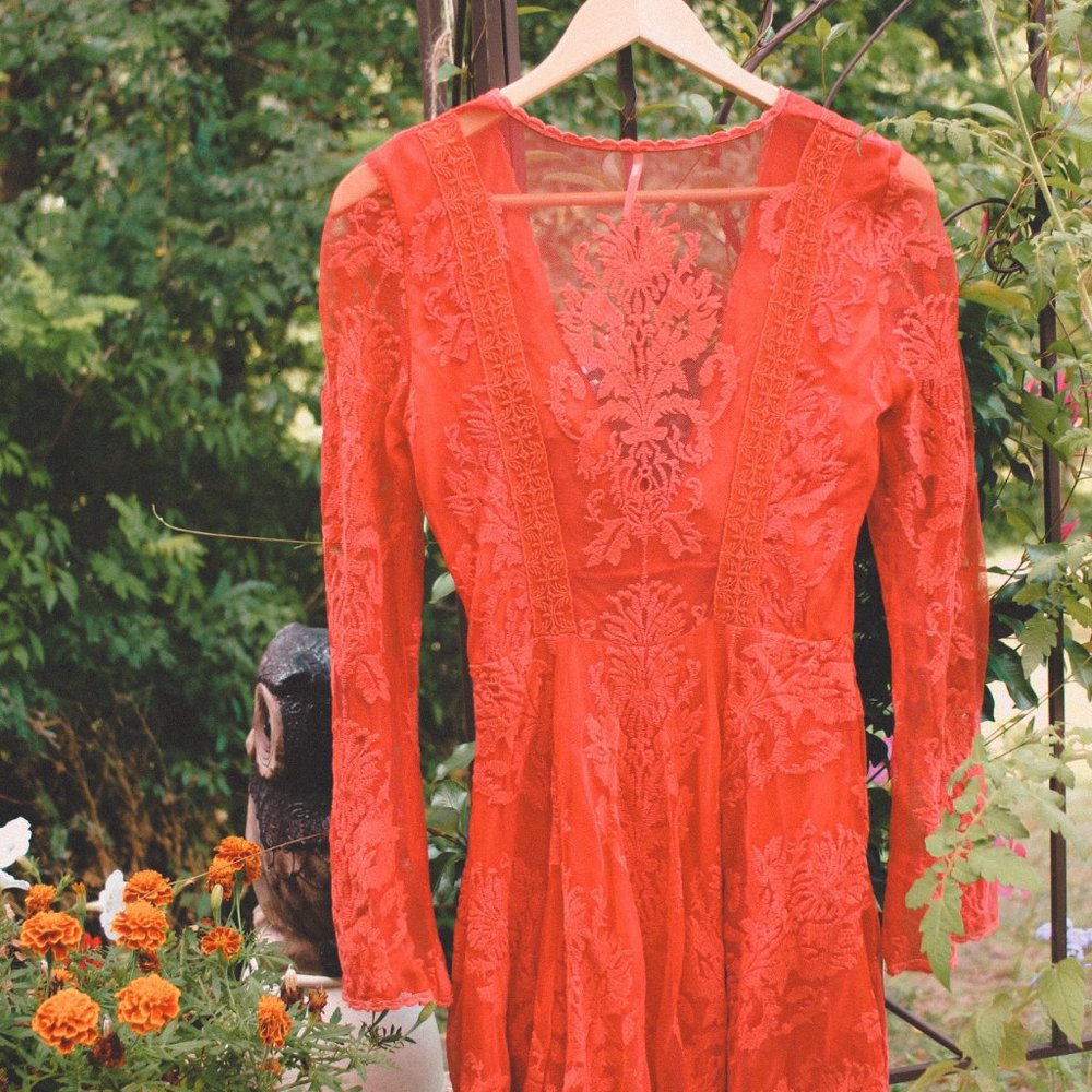 Free People Embroidered Long Sleeve Dress Coral